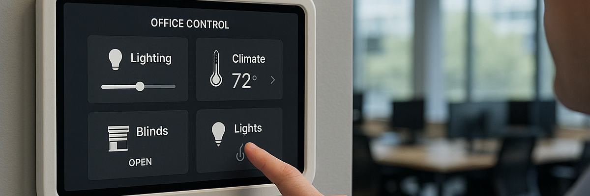Press Release REVI Wall-Mount Tablet Enclosure shown on a smart control panel for office lighting and climate.