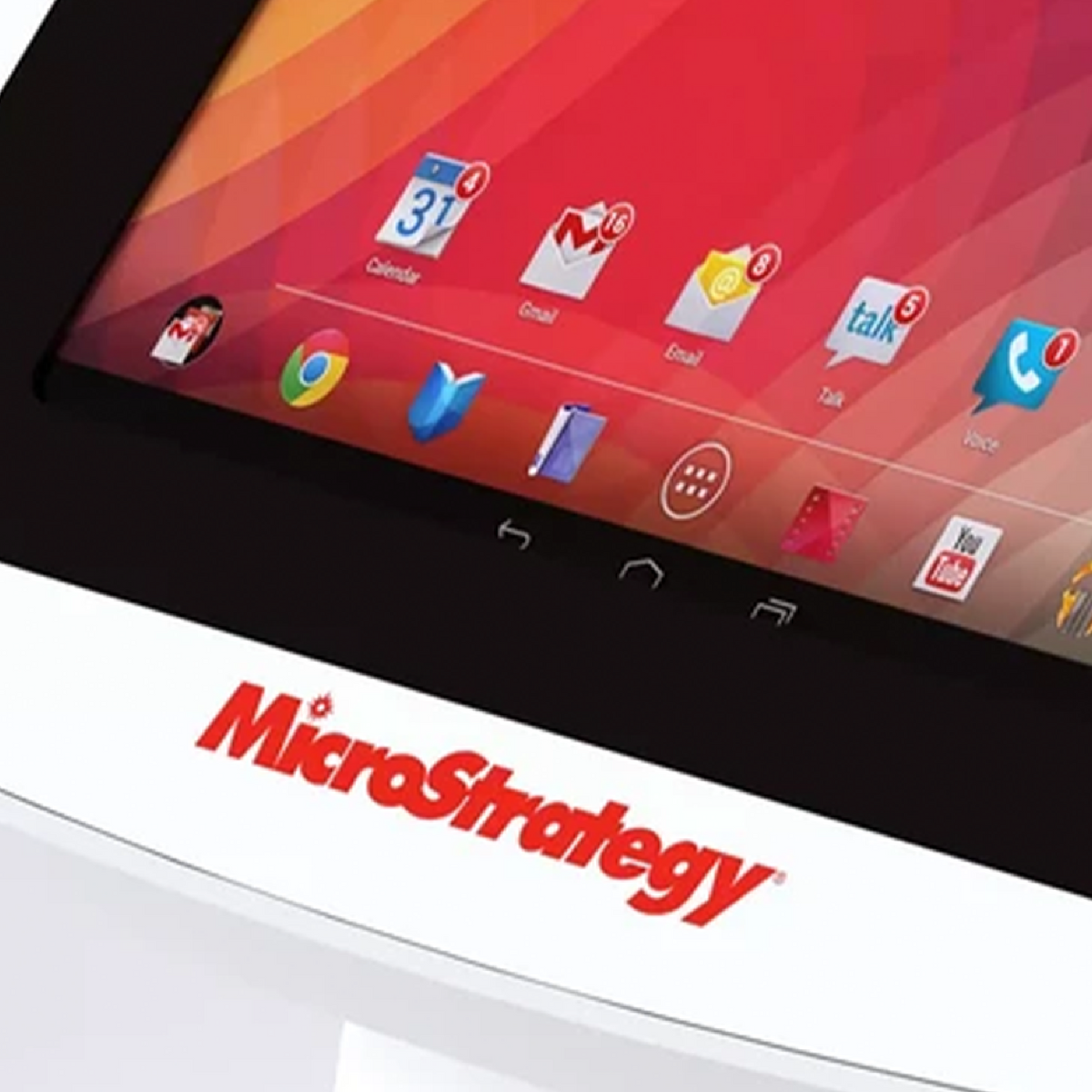 Armodilo tablet kiosk with a custom red "MicroStrategy" branded graphic panel and Android tablet screen showing app icons, demonstrating UV full-color faceplate printing options