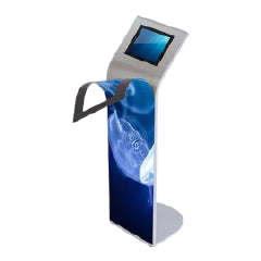 Armodilo ALUR freestanding kiosk with a custom blue abstract graphic panel attached to the front, demonstrating magnetic branding options