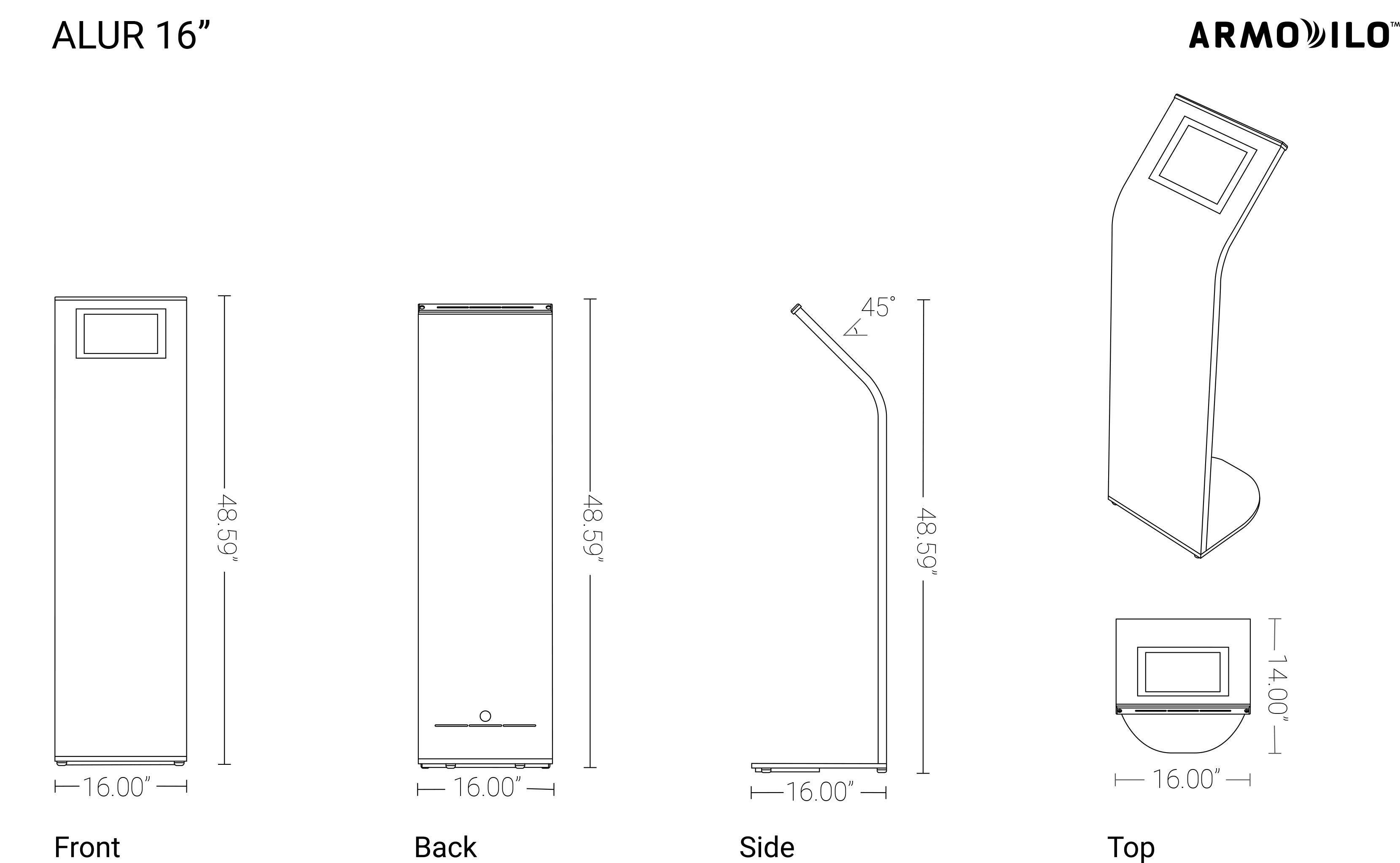 Measurements of the Alur kiosk stand displaying front, back, side, and top in 16"x 48.59".