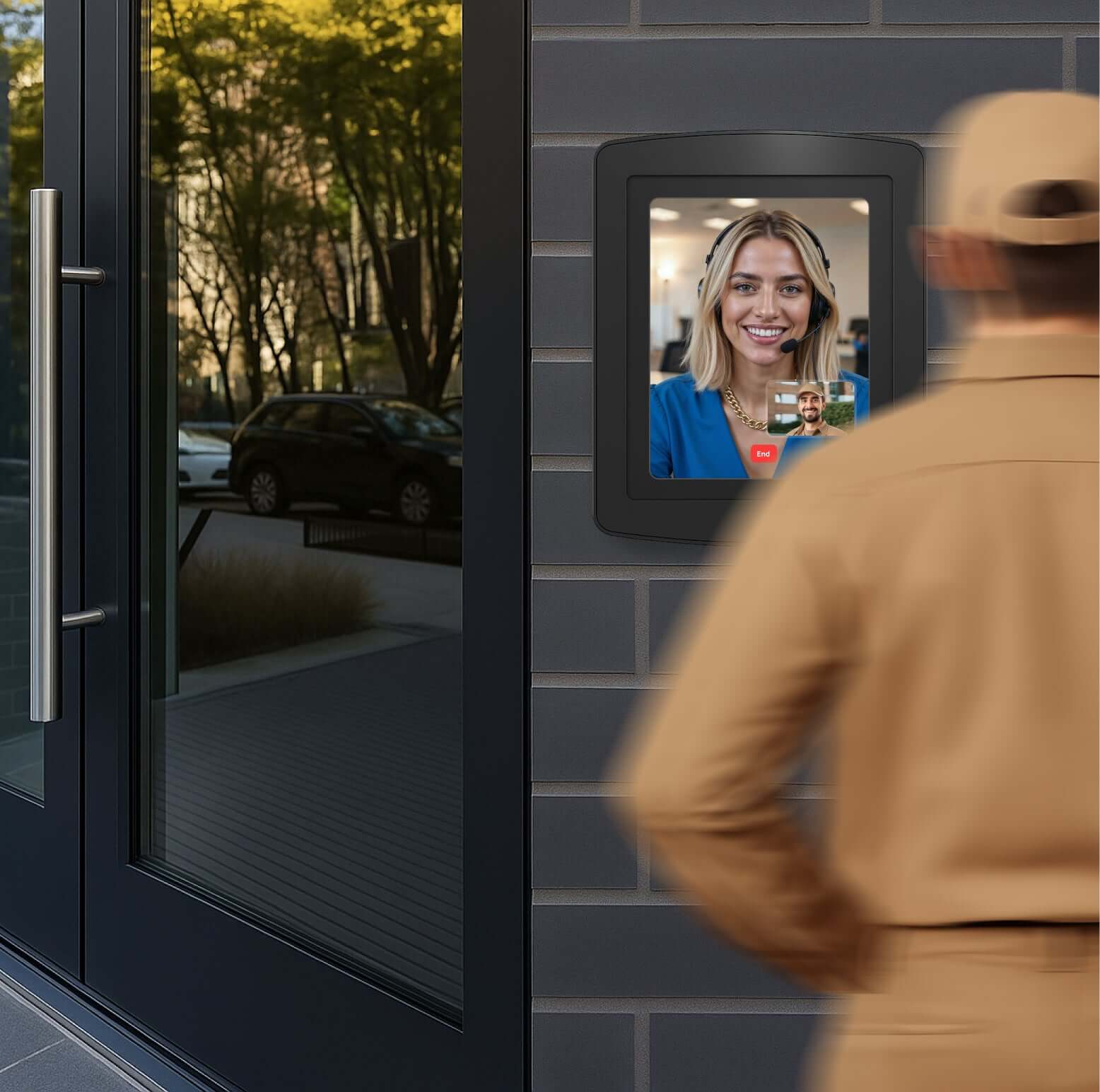 Driver using outdoor wall mount tablet enclosure bundle for Virtual Front Desk check-in, front desk staff communicating remotely through kiosk.
