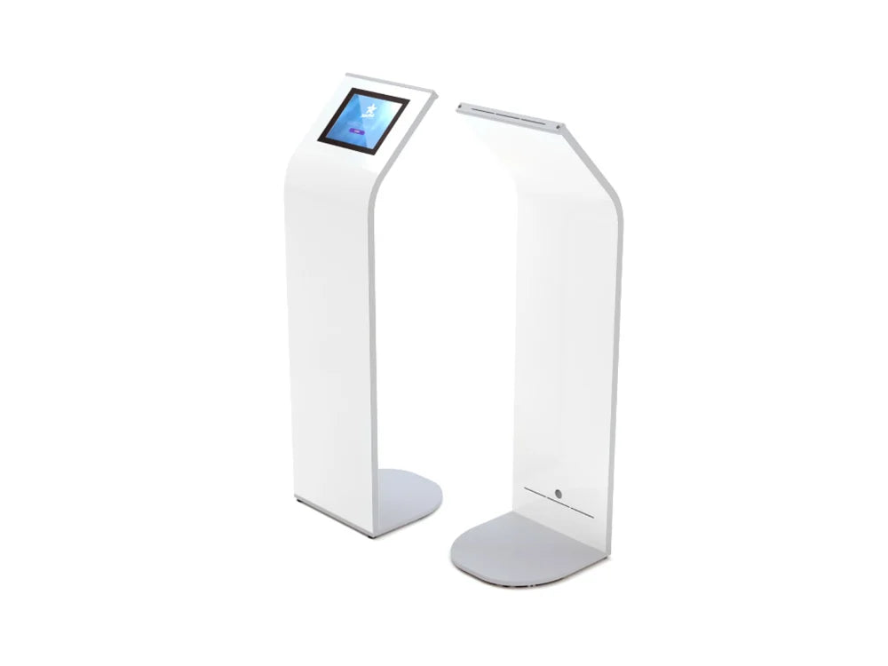 Alur freestanding tablet kiosk in white gloss, front and rear panels shown