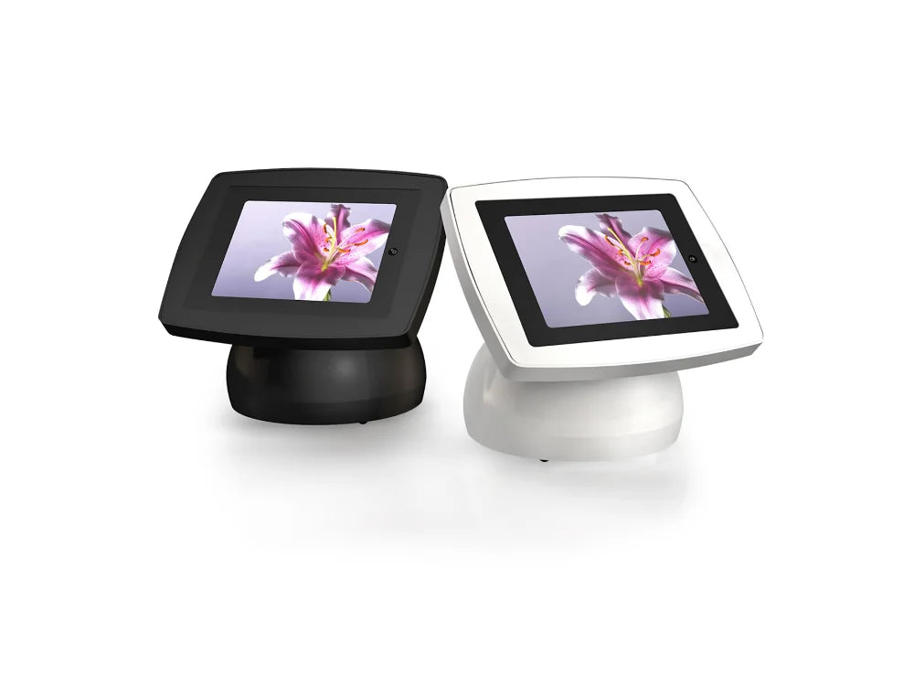 Sphere countertop tablet kiosks in black and white for church giving stations