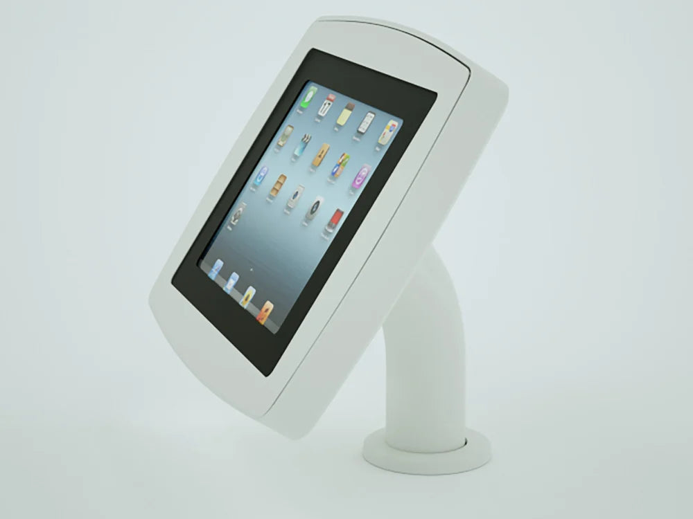Surface tablet mount in white, wall mounted as a lobby directory